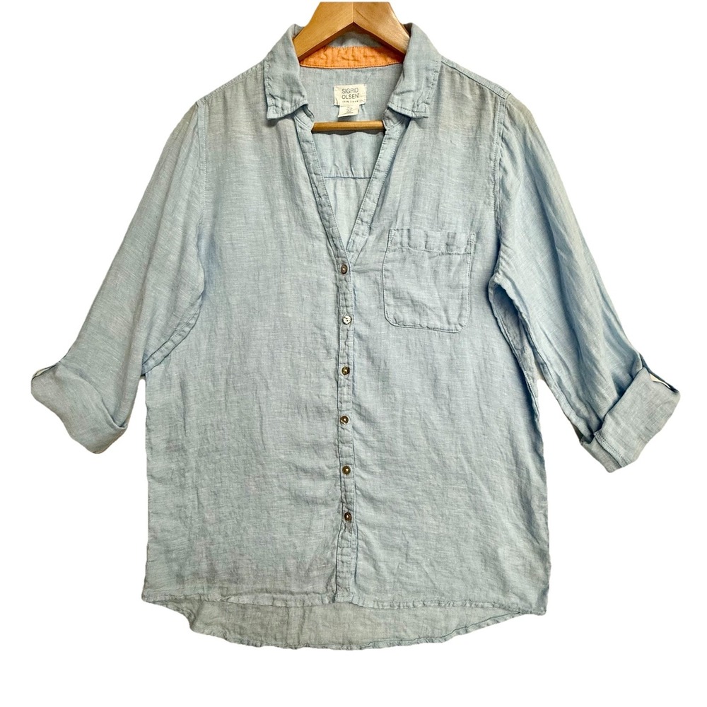 Sigrid Olsen Linen Button Shirt Blue Roll Tab Sleeve Women's S Coastal Beach